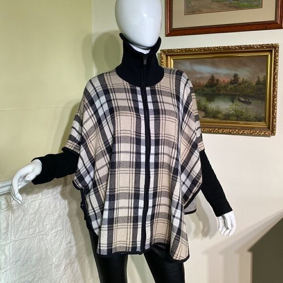 Jones New York Plaid Wool Blend Zip Up Cape/Poncho - Picture 4 of 16